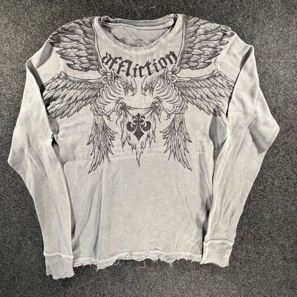 Affliction Wing Graphic Distressed Thermal Long Sleeve Shirt Grey Mens L Y2K